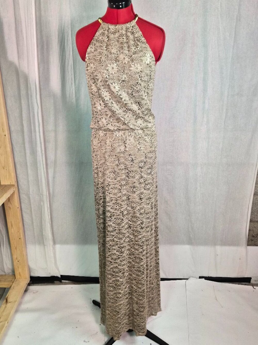 R&M Richards Womens Dress Size 8 Floral Lace Maxi Gold Neck Formal Evening G157